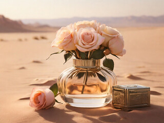 The warmth of soft light enhances the perfume and roses, creating an intimate scene on a sandy desert backdrop
