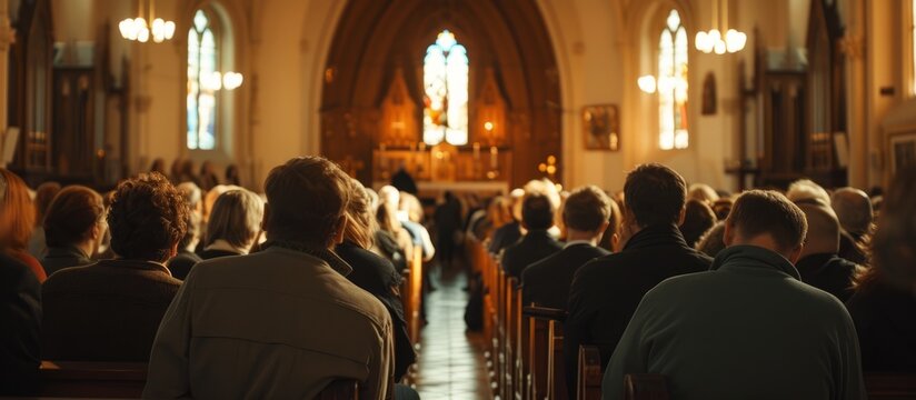 Diverse group of people sitting in a beautifully adorned church during a special occasion
