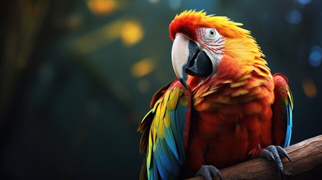 A beautiful macaw perching on top mossy stick over far blur green background in shaded sun lighting, amazing nature