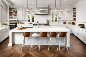 Modern white and hardwood kitchen with rectangular breakfast kitchen island with spices, a vase of lilies, coffee cups, books, and stools in front on the hardwood herringbone floor
