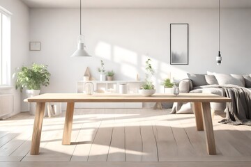 Fototapeta na wymiar Empty wooden table with blurred view of scandinavian living room.3d rendering