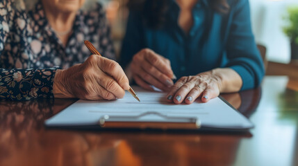 Gros plan sur une femme âgée en train de signer un document pour une donation de son vivant.