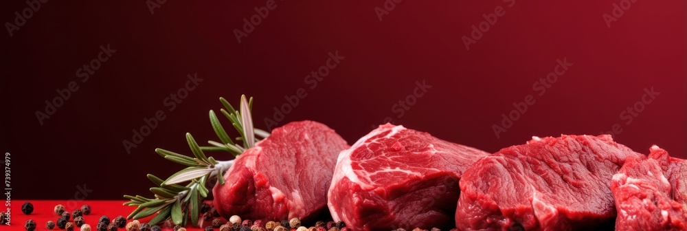 Wall mural fresh meat slices on red background, wide horizontal panoramic banner with copy space, or web site h