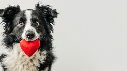 St. Valentine's Day concept. Funny portrait cute puppy dog border collie holding red heart in mouth isolated on white background, close up. Lovely dog in love on valentines day gives gift