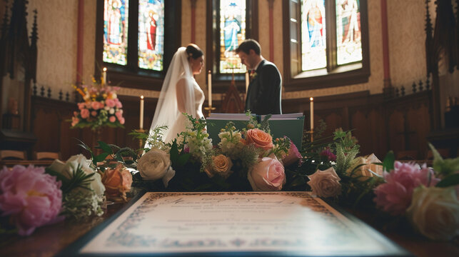 Document on Display: Photograph the wedding certificate or marriage registration document displayed on a decorative table or podium, with the bride and groom's names and signatures visible. 