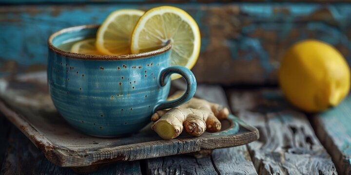 Healthy Tea with Ginger and Lemon on Rustic Wooden