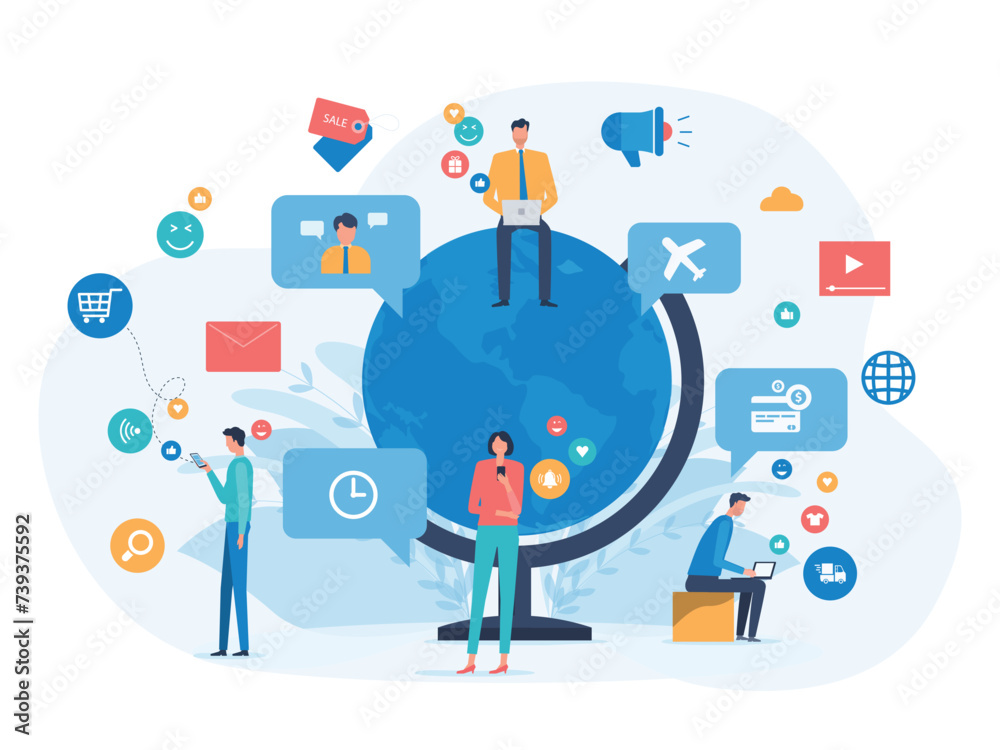 Aufkleber flat vector illustration social media connection. digital online marketing. business technology glob