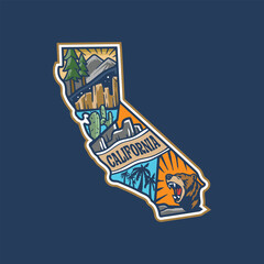 Outdoor monoline design, with california map. Tropical Stickers Callifornia, logo vector illustration. 
