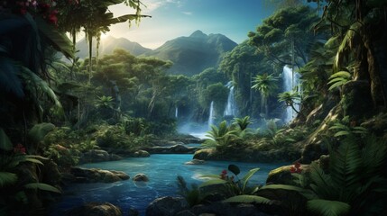 A highly detailed digital background that portrays a lush and vibrant jungle scene with realistic textures and an immersive feel, as if photographed with an HD camera,
