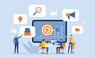 business digital Marketing team working meeting analytics for strategies planning concept. flat illustration design content online creator research idea concept
