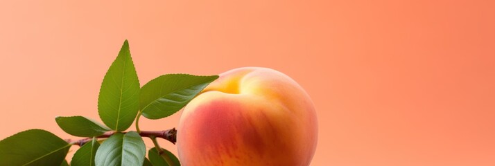 Juicy ripe peach on vibrant background, wide horizontal panoramic banner with copy space, or web site header with empty area for text.