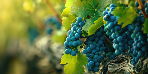 Ripe Grapes Clusters in Vineyard. Detailed close-up of grape bunches on the vine, ready for harvest. - obrazy, fototapety, plakaty