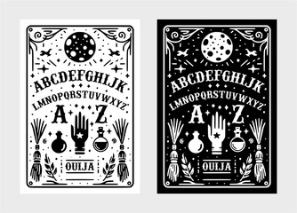 Set of Ouija board monoline badge, with black and white color. Occultism Set. Vector Illustration.