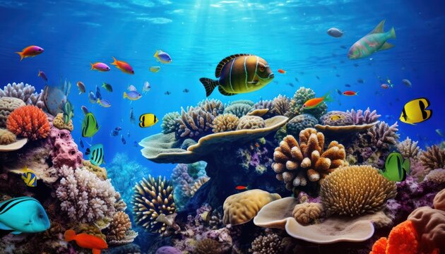 Fish in the water, coral reef, underwater life, various fish and exotic coral reefs
