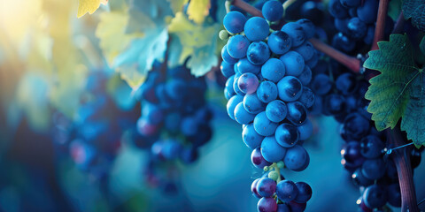 Ripe Grapes Clusters in Vineyard. Detailed close-up of grape bunches on the vine, ready for harvest. - obrazy, fototapety, plakaty