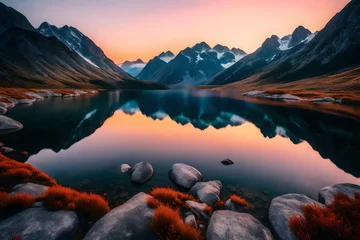 Zelfklevend Fotobehang Reflectie A serene alpine lake nestled between mountains, its surface reflecting the vivid colors of a Norwegian sunset, creating a captivating natural spectacle.