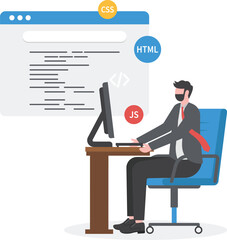 Web development. programming languages. css, html, it, ui. programmer cartoon character developing website, coding. flat illustration banner

