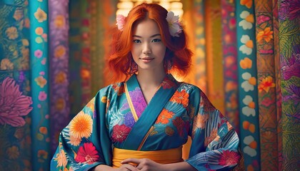 Fictive Young Redhead Woman Wearing A Beautifully Embroidered Silk  Kimono