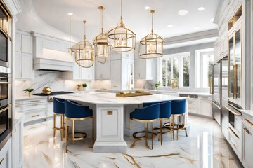 A luxurious white and blue kitchen with gold hardware, stainless steel appliances, and white marbled granite counter tops.