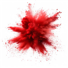 Explosion of red colored powder. Close up dust isolated on white background, with full depth of field and deep focus fusion 