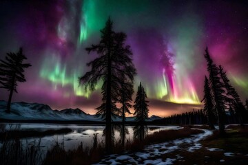Fototapeta na wymiar A technicolor aurora borealis dancing across the night sky, casting vibrant streaks of green, purple, and pink.