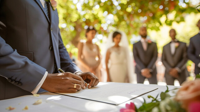 Witnesses' Perspective: Take a perspective shot from behind the witnesses or officiant as they observe the couple signing the document. Generative AI
