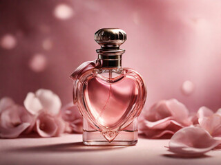 In the photo, a glass bottle of perfume in the shape of a heart, in pink tones