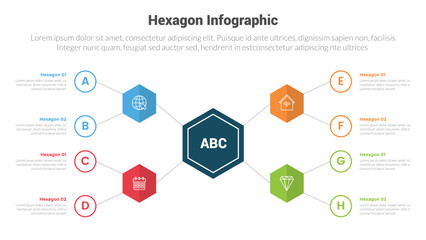 hexagon or hexagonal honeycombs shape infographics template diagram with linked network line with circle outline with 4 point step creative design for slide presentation