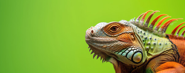 Crested Iguana on green background copy space - obrazy, fototapety, plakaty