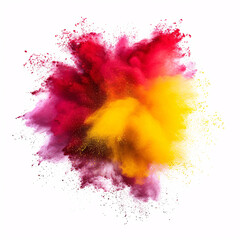 Explosion of yellow, magenta, red colored powder. 
Close up dust isolated on white background, with...