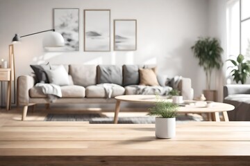 Empty wooden table with blurred view of scandinavian living room.3d rendering