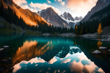 A serene lake surrounded by mountains, with the reflection of the colorful sky creating a picturesque scene.