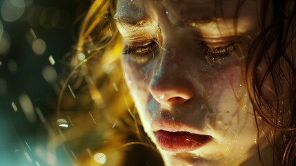 Close up of a young woman crying, under the rain, symbolizing dramas depression and sadness