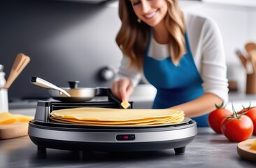 Woman cooking delicious crepe on electrical pancake maker in kitchen - obrazy, fototapety, plakaty