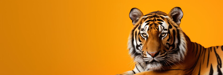 Beautiful tiger on orange background, wide horizontal panoramic banner with copy space, or web site header with empty area for text. - obrazy, fototapety, plakaty
