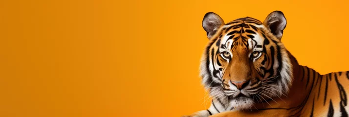 Gartenposter Beautiful tiger on orange background, wide horizontal panoramic banner with copy space, or web site header with empty area for text. © Sunny_nsk