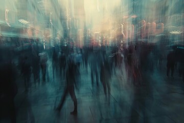 Abstract blurred motion of people in a busy urban street, concept of city life, movement, and anonymity.