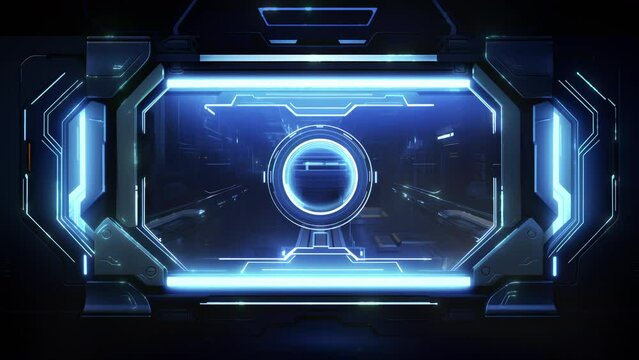 A sci-fi control panel illuminated with neon lights, giving a high-tech, A futuristic interface with glowing blue outlines and intricate designs. , futuristic HUD glow, Seamless loop animation render