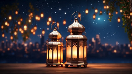 Hanging lantern with night sky and city - blessed month Ramadan Kareem