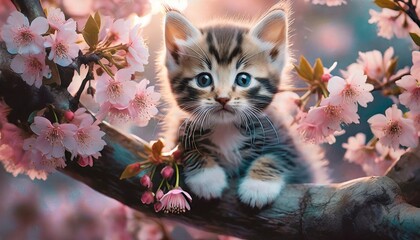 Cute baby kitten in a Japanese Cherry blossom tree