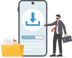 free download system concept, internet, updating, installation, man with smartphone downloading document, flat illustration vector
