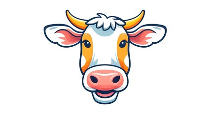 illustration, line cartoon cow. Hand drawn, Isolated. With "Fresh milk" lettering. Applicable for package, poster, label designs, banners, flyers etc. Illustration with cow head in flat design style