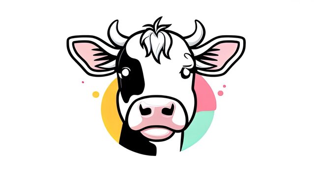 illustration, line cartoon cow. Hand drawn, Isolated. With "Fresh milk" lettering. Applicable for package, poster, label designs, banners, flyers etc. Illustration with cow head in flat design style