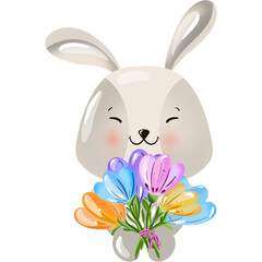 Cute smiling bunny rabbit holding bouquet of colourful flowers illustration 