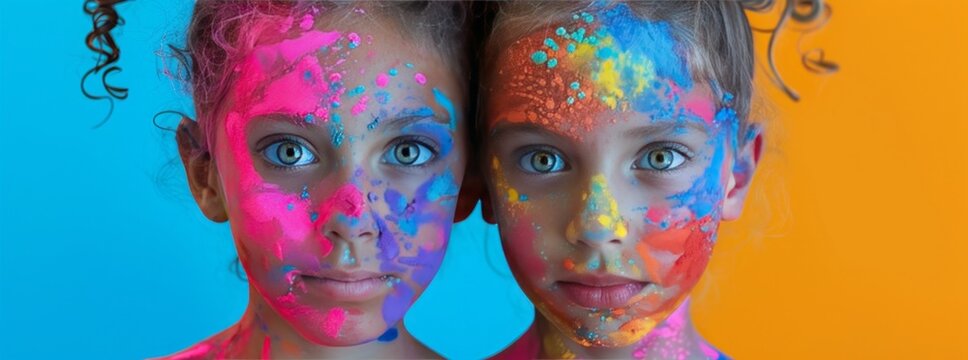 portrait of lovely little girls with painted faces. Fun childhood concept