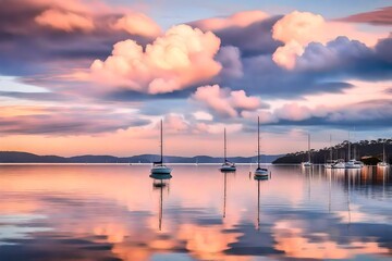 A serene morning at Koolewong, clouds creating a canvas of pastel colors in the sky, and the tranquil Brisbane Water reflecting the beauty, with a boat gently sailing through.