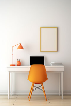 A minimalistic office mockup with a clean, white work desk, a pop of vibrant orange in the chair, and a colorful desk lamp.