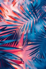 Surreal blue palm leaves on pink background. Generative AI