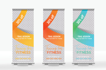 Vector fitness gym roll up/stand banner design in multiple color combination.