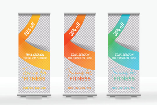 Vector fitness gym roll up/stand banner design in multiple color combination.